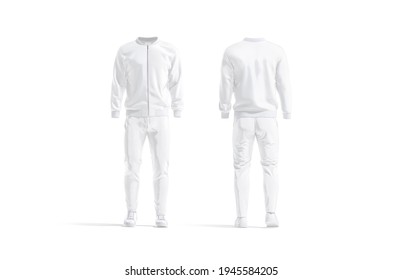 Blank White Sport Tracksuit With Bomber, Pants And Sneakers Mockup, 3d Rendering. Empty Jersey Suit With Sweatpants And Jacket Mock Up, Front And Back, Isolated. Clear Fitness Costume Template.