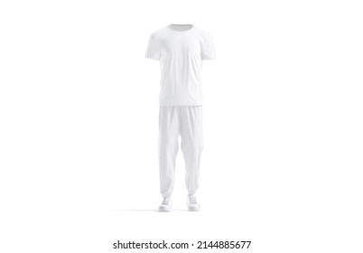 Blank White Sport Uniform With T-shirt And Sweatpants Mockup, Isolated, 3d Rendering. Empty Wrinkled Jersey Tshirt And Pants For Sporty Mock Up, Front View. Clear Outwear Tracksuit Template.