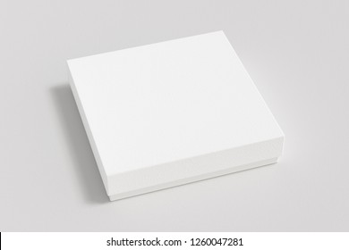 Blank White Square Flat Gift Box Mock Up On White Background. With Clipping Path Around Box. 3d Illustration.