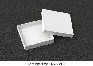 Blank White Square Open Flat Gift Box Mock Up On Black Background. With Clipping Path Around Box. 3d Illustration.