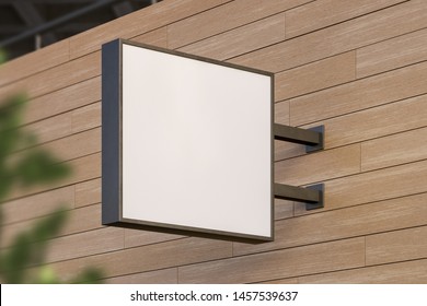 Blank White Square Store Signboard. Illuminated Lightbox On A Wooden Wall. Mock Up. 3d Rendering