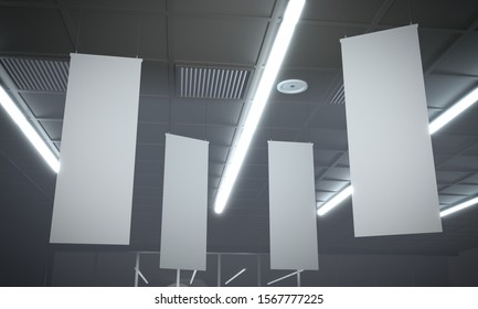 Blank White Supermarket Banners Hanging From Ceiling. Hangers Mockup Ready For Branding Or Advertising. 3D render
