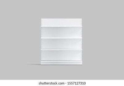 Blank White Supermarket Showcase Shelves Mock Up, Front View, 3d Rendering. Empty Expo Furniture Mockup On Gray. Clear Shopfront For Store Or Boutique Assortment Merch Mokcup Template.