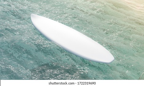 Blank White Surfboard On Water Surface Mock Up, Side View, 3d Rendering. Empty Professional Surfing On Ocean Surface Mockup. Clear Longboard Balance For Wakeboarding On Deep Mokcup Template.