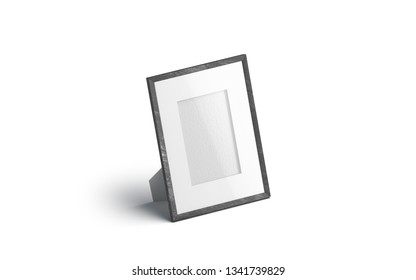 Blank White Table Photo Frame Mockup, Isolated, 3d Rendering. Empty Memory Card Stand Mock Up, Side View. Clear Desk Wood Cadre With Photography Template.