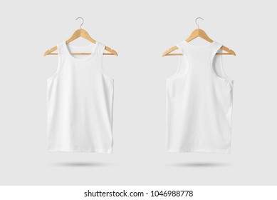 Blank White Tank Top Shirt Mock-up on wooden hanger, front and rear side view. 3D Rendering.