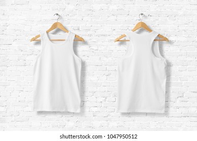 Blank White Tank Top Shirt Mock-up on wooden hanger, front and rear side view. 3D Rendering. 
