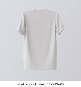 Blank White Textile Tshirt Isolated Center Gray Empty Background.Mockup Highly Detailed Texture Materials.Clear Label Space For Business Message. Square.Back Side. 3D Rendering