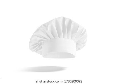 Blank White Toque Chef Hat Mockup, No Gravity, 3d Rendering. Empty Professional French Chief Cap Uniform Mock Up, Isolated. Clear Fabric Headwear For Restaurant Cooker Template.