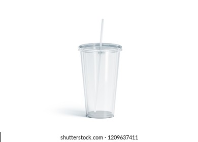 Blank white transparent acrylic tumbler with straw mockup, isolated, 3d rendering. Empty cup with tube mock up. Clear take away container for drink. Plastic traveler mug for beverage template.