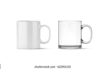 Blank white and transparent glass mug mockup isolated, 3d rendering. Clear 11 oz coffee cup mock up for sublimation printing. Glassy translucent tankard design.