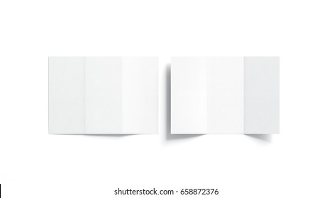 Blank white tri folded booklet mock up, opened and closed, front and back side, top view, 3d rendering. Plain trifold brochures mockups set isolated. Book cover and three flier inside, copy space.