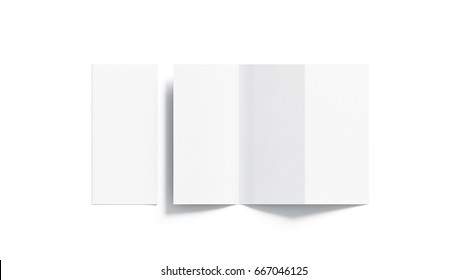 Blank White Tri Folded Booklet Mockup, Opened And Closed, Top View, 3d Rendering. Plain Trifold Brochures Mock Ups Set Isolated. Book Cover And Three Flier Inside, Copy Space.