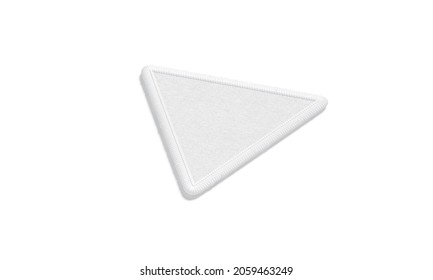 Blank White Triangle Embroidered Patch Mockup Lying, Side View, 3d Rendering. Empty Embroidery Delta Symbolic Mock Up, Isolated. Clear Cloth Or Satin Vintage Badge Template.