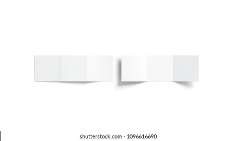 Blank white trifold booklet mock up, top view, 3d rendering. Plain z-fold square brochures mockup set. Front and rear view book cover template, isolated.