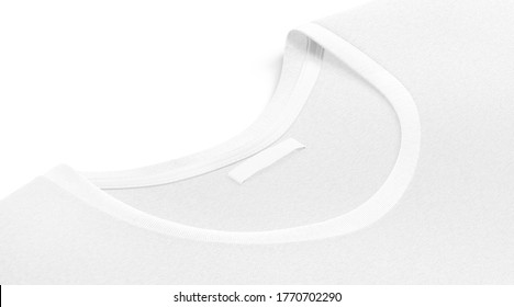 Blank White T-shirt Collar With Narrow Rectangular Label Mock Up, 3d Rendering. Empty Identity Sticker On T Shirt Neck Mockup, Side View. Clear Casual Clothing With Docket For Brand Mokcup Template.