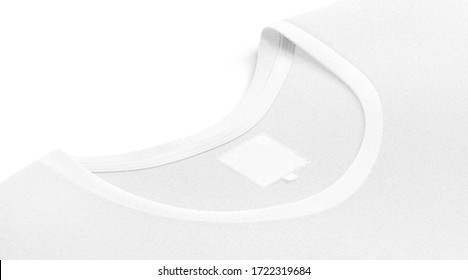 Blank White T-shirt Collar With Square Label Mockup, Side View, 3d Rendering. Empty T Shirt Neck Symbol Mock Up, Isolated. Clear Identity Clothes Tag On Neckline Border Mokcup Template.