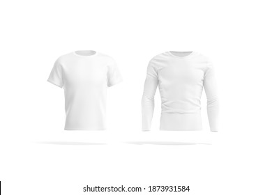 Blank White T-shirt And Longsleeve Mockup, Front View, 3d Rendering. Empty Classic Tshirt And Jersey With Long Sleeve Mock Up, Isolated. Clear Man Fit Clothing Model Template.