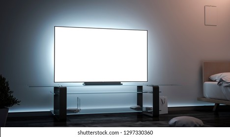 Blank White Tv Screen Room Interior In Darkness Mockup, 3d Rendering. Empty Lcd Widescreen Mock Up, Side View. Clear Smart Monitor In Flat For Watch Cinema Or Video Template.