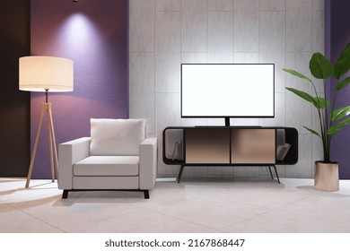 Blank White TV Screen With Space For Your Text Or Logo On Vintage Stand In Stylish Living Room With White Armchair, Flower On Marble Floor And Old School Illuminated Lamp. 3D Rendering, Mock Up