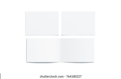 Blank White Two Folded Wide Booklet Mock Up, Opened And Closed, Front And Back Side, Top View, 3d Rendering. Plain Twofold Brochures Mockups Set Isolated. Book Cover And Flier Inside, Copy Space.