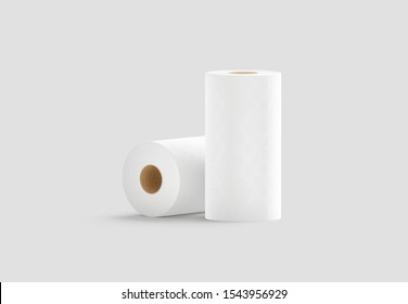 Blank White Two Paper Towel Mockup Stand And Lying On Gray Background, 3d Rendering. Empty Textured Soft Bumf Mock Up. Clear Twisted Polly Roll For Washroom Hygiene Mokcup Template.