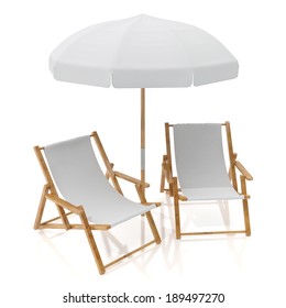  Blank White Two Sun Chairs And Umbrella Isolated On White Background