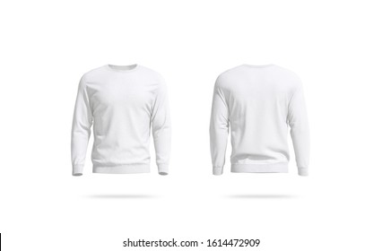 Blank white unisex sweatshirt mockup, front and back view, 3d rendering. Empty fabric crewneck for sport mock up isolated. Clear male daily hoodie for logo mokcup template.