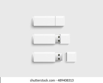 Blank white usb drive design mock up set, 3d rendering. Clear plastic flash disk template opened, closed. Plain memory device mockup. Clean pen drive branding presentation. Micro card.