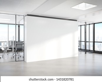 Blank White Wall In Bright Concrete Office With Large Windows Mockup 3D Rendering