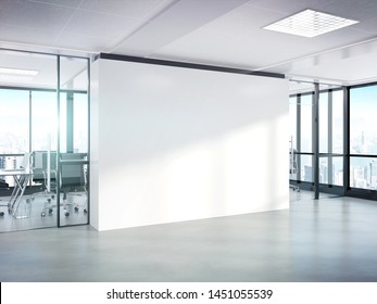 Blank White Wall In Bright Concrete Office With Large Windows Mockup 3D Rendering