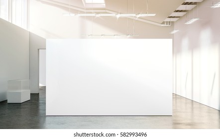 Blank White Wall Mockup In Sunny Modern Empty Gallery, 3d Rendering. Clear Big Stand Mock Up In Museum With Contemporary Art Exhibitions. Large Hall Interior With Wide Banner Exposition Template.