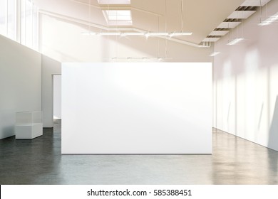 Blank White Wall Mockup In Sunny Modern Empty Museum, 3d Rendering. Clear Big Stand Mock Up In Gallery With Contemporary Art Exhibitions. Large Hall Interior With Wide Banner Exposition Template.