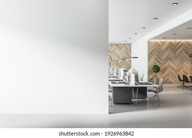 Blank White Wall In Spacious Eco Style Interior Coworking Office With Wooden Wall And Concrete Floor. Mockup. 3D Rendering