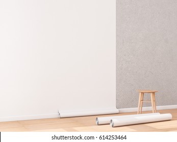 Blank White Wallpaper Roll Mockup Hanging On The Wall, Empty Interior, 3d Rendering