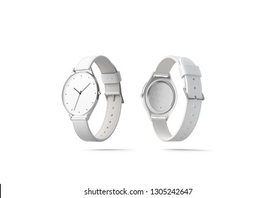 Blank White Watch Wristlet Mockup, Isolated, Front And Back Side, 3d Rendering. Empty Glass Screen With Wrist Mock Up. Clear Clockface And Backward. Classic Wristwatch Design Template.