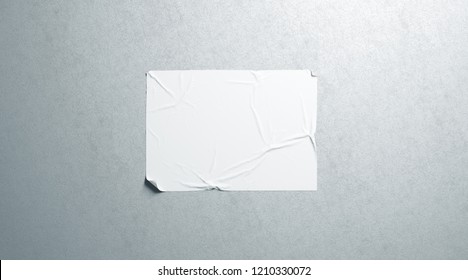 Blank white wheatpaste adhesive horizontal poster mockup on textured wall, 3d rendering. Empty glue placard mock up. Cinema or propaganda sticked banner. Crumpled paste display hanging on wal.