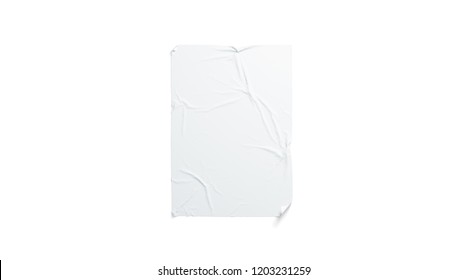 Blank white wheatpaste adhesive poster mockup, isolated, 3d rendering. Empty urban wallpaper mock up. Clear adhesive canvas for ad. Hanging banner for cinema affiche or advertising template.