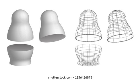 Blank White And Wired Mesh Empty Russian Nesting Doll Matryoshka Mockup. Symbol Of Russia. Babushka Toy Souvenir. 3D Illustration Isolated On White Background.