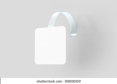 Blank White Wobbler Hanging On Wall Mockup, Clipping Path, 3d Rendering. Space Rectangular Paper Mock Up On Plastic Transparent Strip. Clear Price Sticker. Pricing Tag Label Template Isolated.