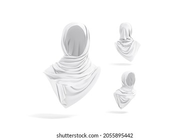 Blank white woman muslim hijab mockup, different views, 3d rendering. Empty arabian jersey headwear khimar mock up, isolated. Clear clothe traditional religion clothing for east template.