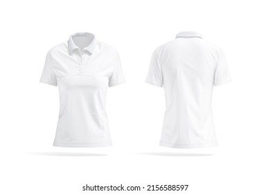 Blank White Women Polo Shirt Mockup, Front And Back View, 3d Rendering. Empty Sport Textile Polo-shirt Or Undervest Mock Up, Isolated. Clear Woman Tee-shirt With Collar Model Template.