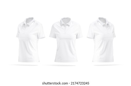 Blank White Women Polo Shirt Mockup, Front And Side View, 3d Rendering. Empty Slim Undershirt Or Jersey Poloshirt Witj Buttons Mock Up, Isolated. Clear Female Fabric Sportswear Template.