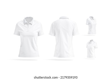 Blank White Women Polo Shirt Mockup, Different Views, 3d Rendering. Empty Female Classic Poloshirt With Button Or Slim T-shirt Mock Up, Isolated. Clear Casual Wear For Outfit Template.