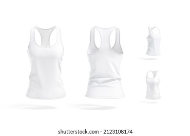 Blank White Women Racerback Tank Top Mockup, Different Views, 3d Rendering. Empty Fabric Singlet T-shirt Mock Up, Isolated. Clear Female Sleeveless Basic Underwaist Template.