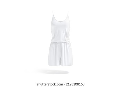 Blank White Women Romper Mockup, Front View, 3d Rendering. Empty Fabric Female Jumpsuit With Tanktop And Shorts Mock Up, Isolated. Clear Sleeveless Boohoo Overall Or Bodysuit Template.