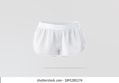 Blank White Women Shorts Mock Up, Gray Background, 3d Rendering. Empty Nylon Swimtrunks Or Fitness Boxer Mockup, Front View. Clear Breathable Briefs For Jogging Or Tennis Template.