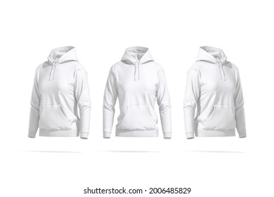 Blank White Women Sport Hoodie Mockup, Front And Side View, 3d Rendering. Empty Cotton Hooded Sweater Mock Up, Isolated. Clear Casual Crewneck Sweat-shirt Or Jumper Template.