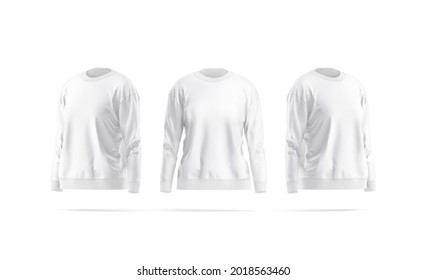 Blank White Women Sweatshirt Mockup, Front And Side View, 3d Rendering. Empty Long Crewneck Sweat-shirt Mock Up, Isolated. Clear Woman Fleece Tolstovka Or Jersey Hoodie Template.