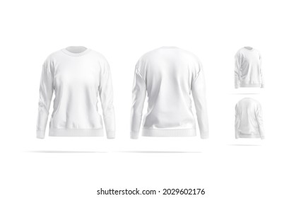 Blank White Women Sweatshirt Mockup, Different Views, 3d Rendering. Empty Female Crewneck Sweat-shirt Mock Up, Isolated. Clear Cotton Long Jumper For Casual Or Street Outfit Template.